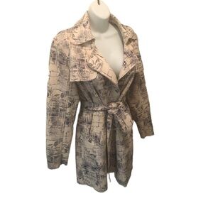 Solitaire Spring Soft Suede Feel Belted Trench Coat Retro Print Sz. S Tan Navy